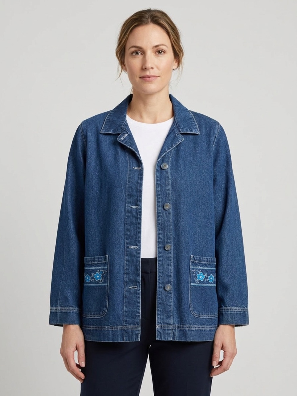 Weather Stoppers by Totes Denim Coat Floral Embroidered Pockets XL